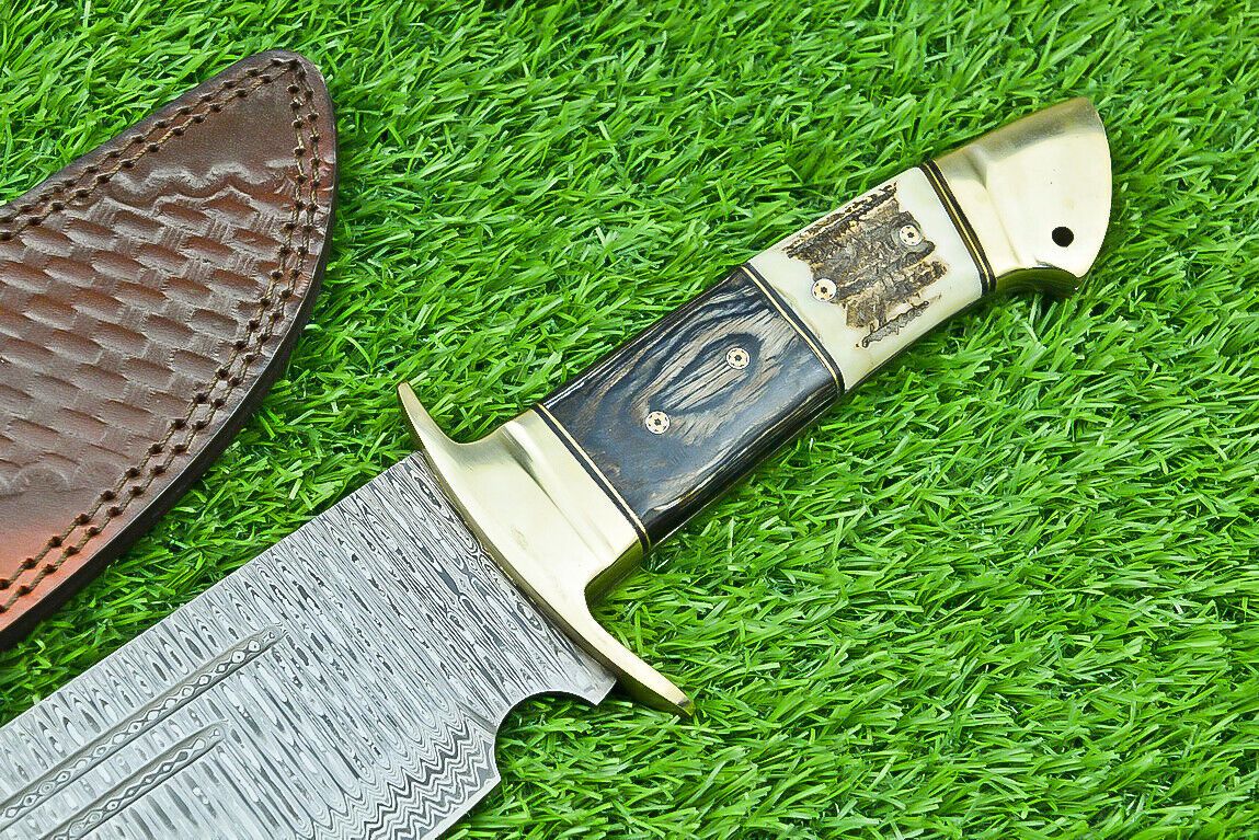 Heritage Forge 21 Inch Damascus Steel Bowie Knife with Stag Horn and Hardwood Handle