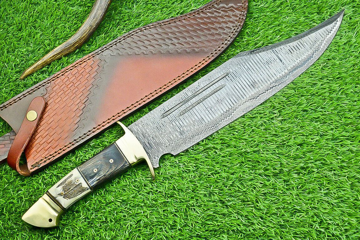 Heritage Forge 21 Inch Damascus Steel Bowie Knife with Stag Horn and Hardwood Handle