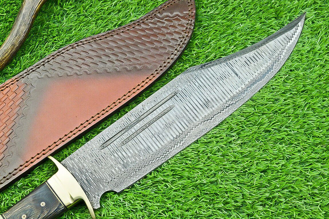 Heritage Forge 21 Inch Damascus Steel Bowie Knife with Stag Horn and Hardwood Handle