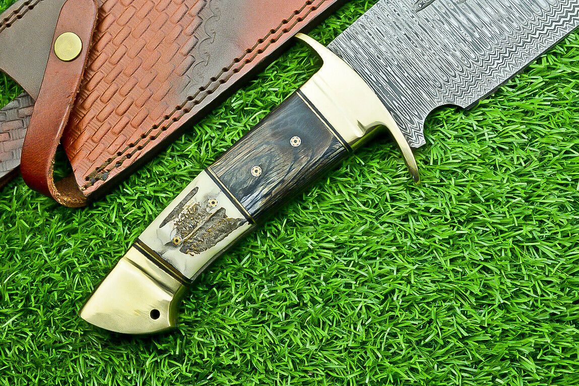 Heritage Forge 21 Inch Damascus Steel Bowie Knife with Stag Horn and Hardwood Handle