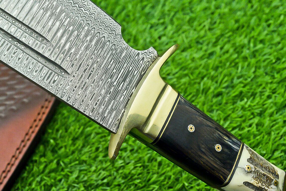 Heritage Forge 21 Inch Damascus Steel Bowie Knife with Stag Horn and Hardwood Handle