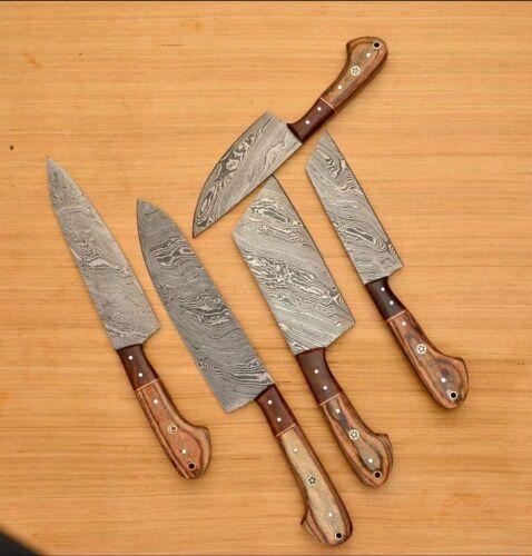 Custom Handmade Damascus Chef Knife Set of 5 – Professional Kitchen Knives with Leather Sheath