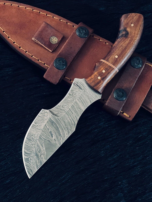 9" Fire Damascus Steel Tanto Knife – Wood Handle with Leather Sheath