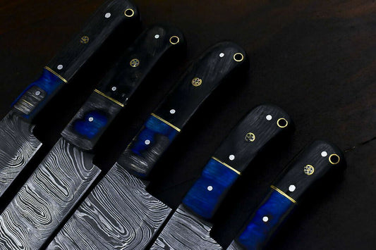 Damascus Kitchen Knife Set – Handmade Chef Knives with Twisted Damascus Pattern – Rare Forged Steel – Hardwood Handle – Leather Sheath Included