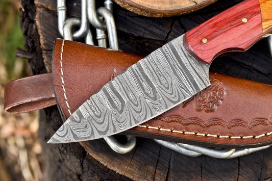 Custom Skinner Knife Twist Damascus Hard Wood Wooden Bolster Gift with Leather Sheath