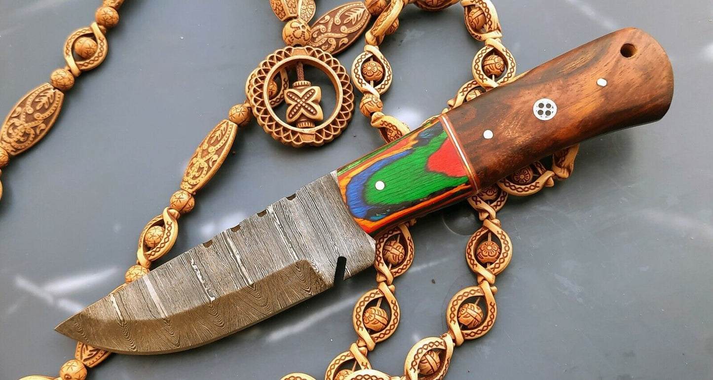 Custom Twist Damascus Skinner Knife with Wood Handle – 8 Inch Handmade Hunting and Bushcraft Blade with Sheath