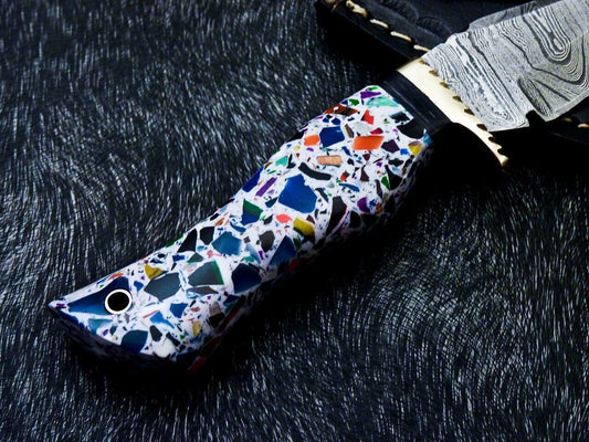 10" Resin Handle Damascus Steel Bowie Knife – Mosaic Pins & Brass Bolster