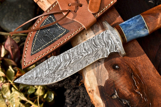 12 Inch Custom Damascus Bowie Knife with Camel Bone Handle and Leather Sheath