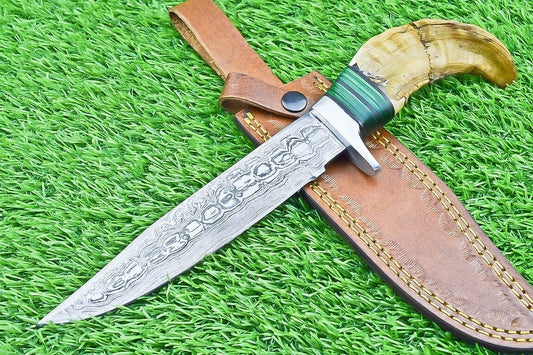 12 Inch Hand Forged Damascus Steel Bowie Knife with Ram Horn and Wood Handle