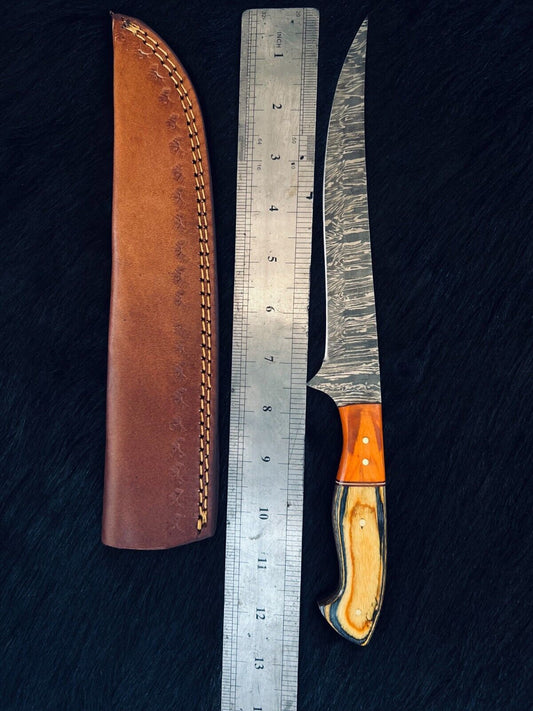 12.5" Handmade Damascus Fillet Knife Fire Damascus Steel Fillet Knife W/Sheath