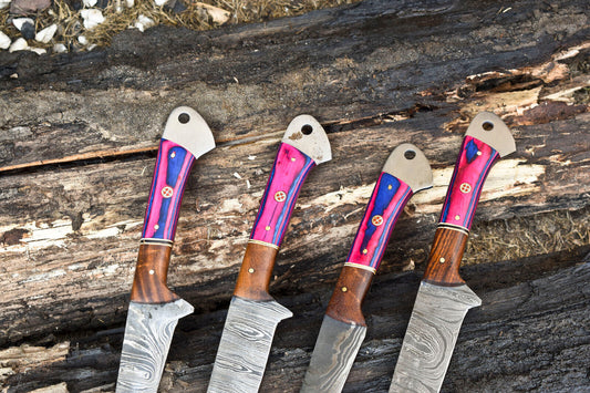 Lot of 4 Custom Handmade Damascus Steel Blade Full Tang Chef Knife Set – 100% Handmade