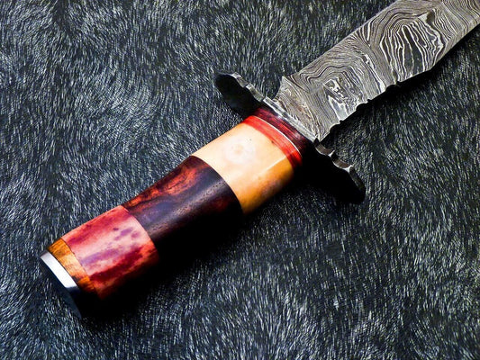 Custom Hand Forged Damascus Steel 13" Hunting Bowie Knife | Natural Wood & Camel Bone Handle