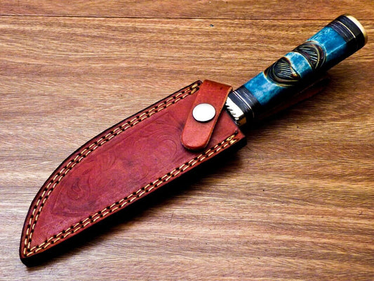 10" Handmade Damascus Steel Bowie Hunting Knife | Engraved Camel Bone & Hardwood Handle