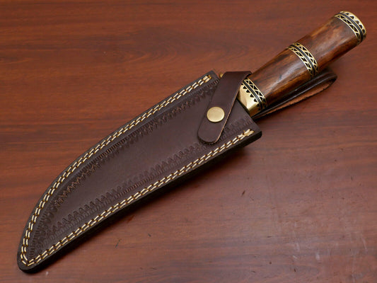 13" Hand-Forged Damascus Bowie Knife – Rosewood Handle with Brass Guard & Leather Sheath