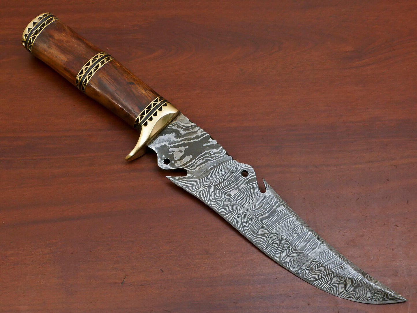 13" Hand-Forged Damascus Bowie Knife – Rosewood Handle with Brass Guard & Leather Sheath