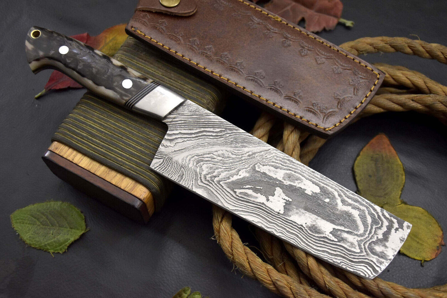 Custom Handmade Damascus Steel Nakiri Chef Knife – Rams Horn Handle, Ladder Pattern Blade with Leather Sheath