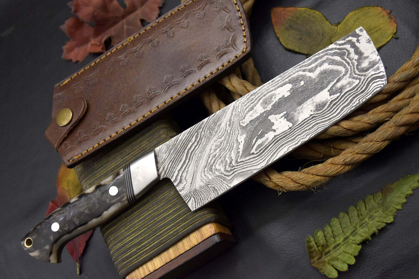Custom Handmade Damascus Steel Nakiri Chef Knife – Rams Horn Handle, Ladder Pattern Blade with Leather Sheath