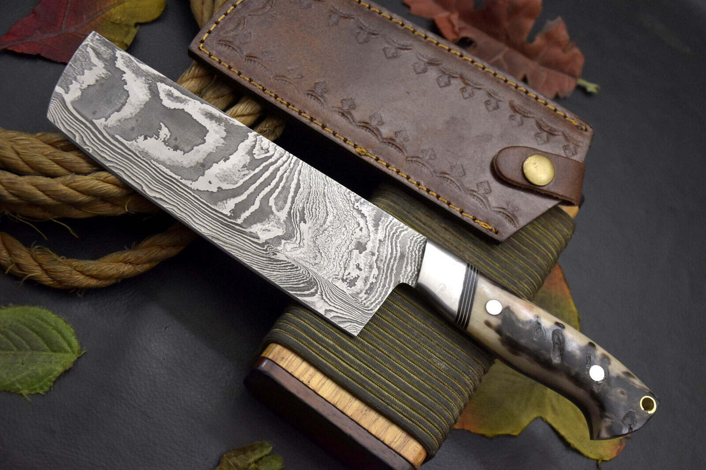 Custom Handmade Damascus Steel Nakiri Chef Knife – Rams Horn Handle, Ladder Pattern Blade with Leather Sheath