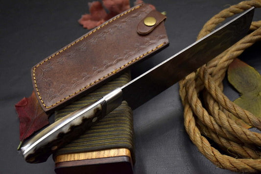 Custom Handmade Damascus Steel Nakiri Chef Knife – Rams Horn Handle, Ladder Pattern Blade with Leather Sheath