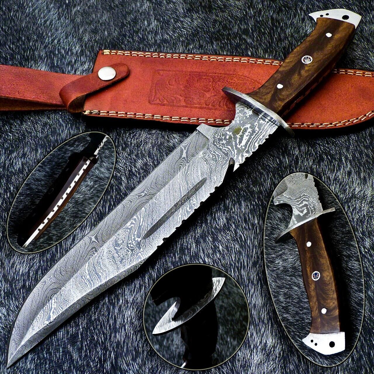 15 Inch Custom Handmade Damascus Steel Bowie Knife with Resin Handle and Mosaic Pin