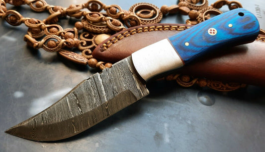 Custom Hand Forged Damascus Steel Hunting Bushcraft Knife with Wood Handle and Leather Sheath – 512 Layer Twisted Pattern Blade