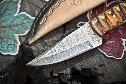 Twist Damascus Skinner Knife with Hardwood Handle for Survival and Camping