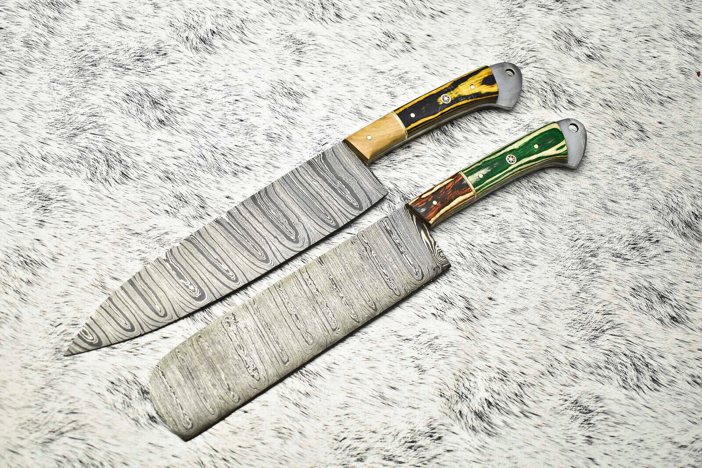 Custom Lot of 2 Handmade Hammered Damascus Steel Chef Knives