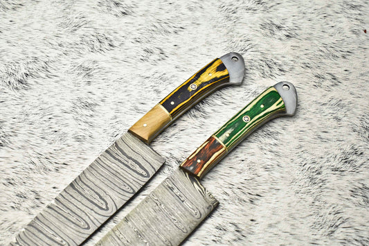 Custom Lot of 2 Handmade Hammered Damascus Steel Chef Knives