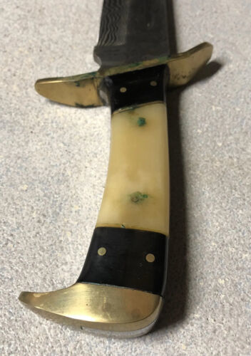 12 Inch Custom Damascus Steel Bowie Knife with Bone Handle and Leather Sheath