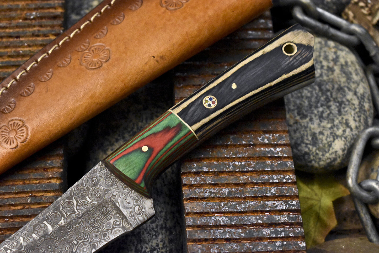 Hot Item Skinner Knife Rain Drop Damascus Hard Wood Handle Wooden Bolster EDC