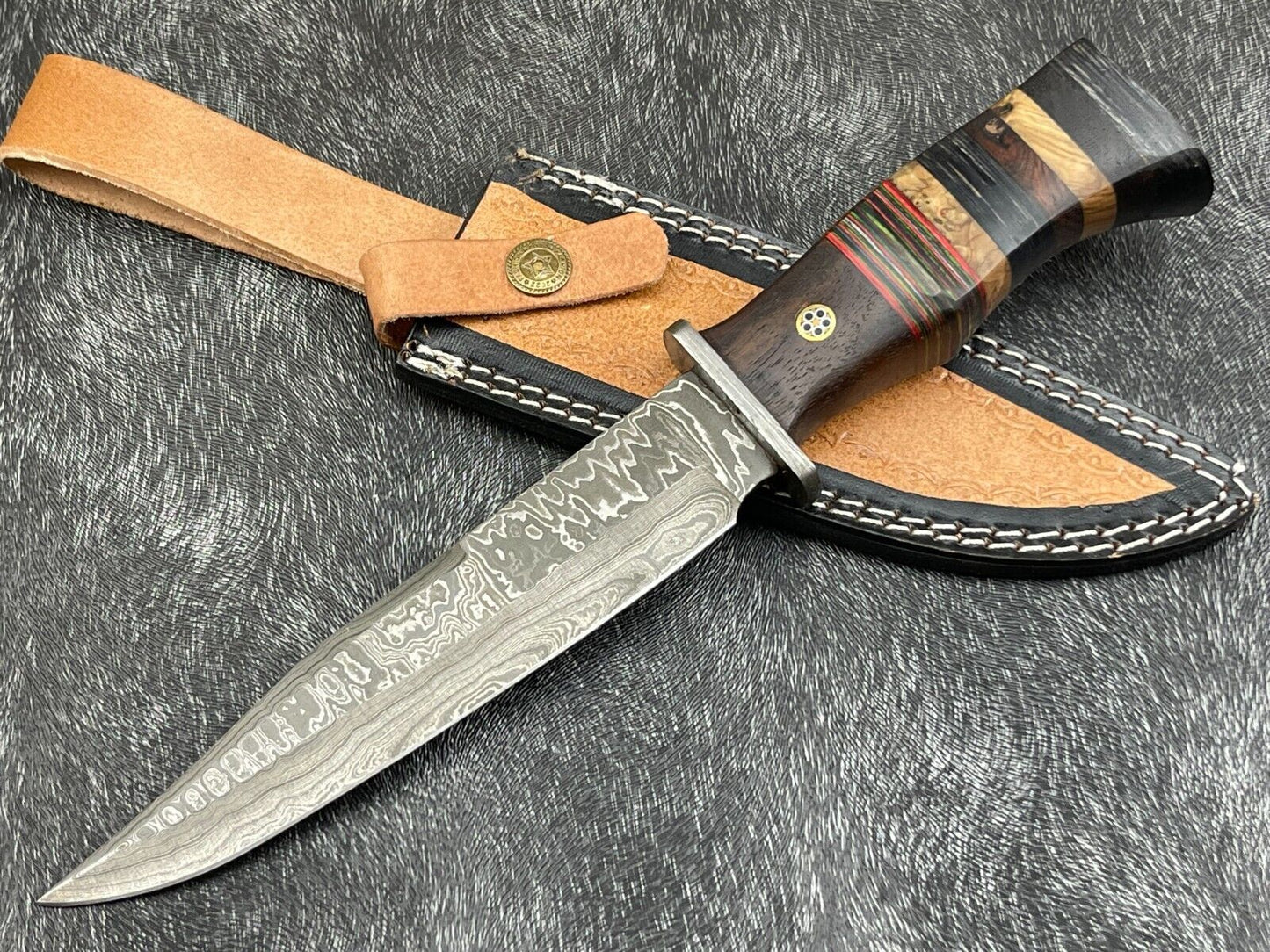 Damascus Steel Bowie Knife with Multi Color Hardwood Handle 12 Inch
