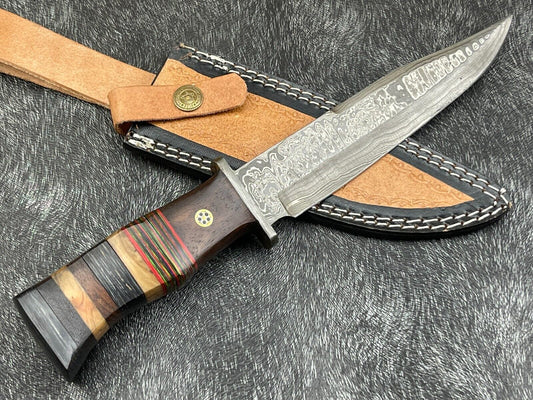 Damascus Steel Bowie Knife with Multi Color Hardwood Handle 12 Inch