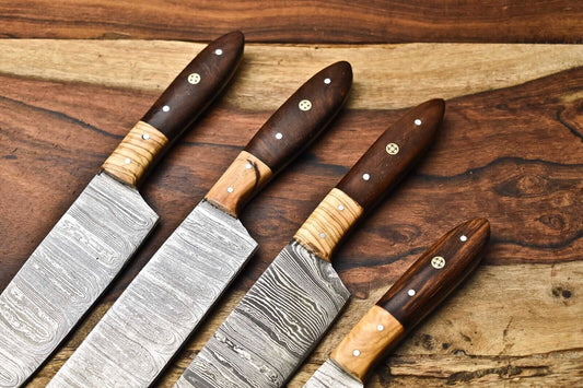 Lot of 4 Handmade Damascus Steel Blade Kitchen & Outdoor Chef Knife Set