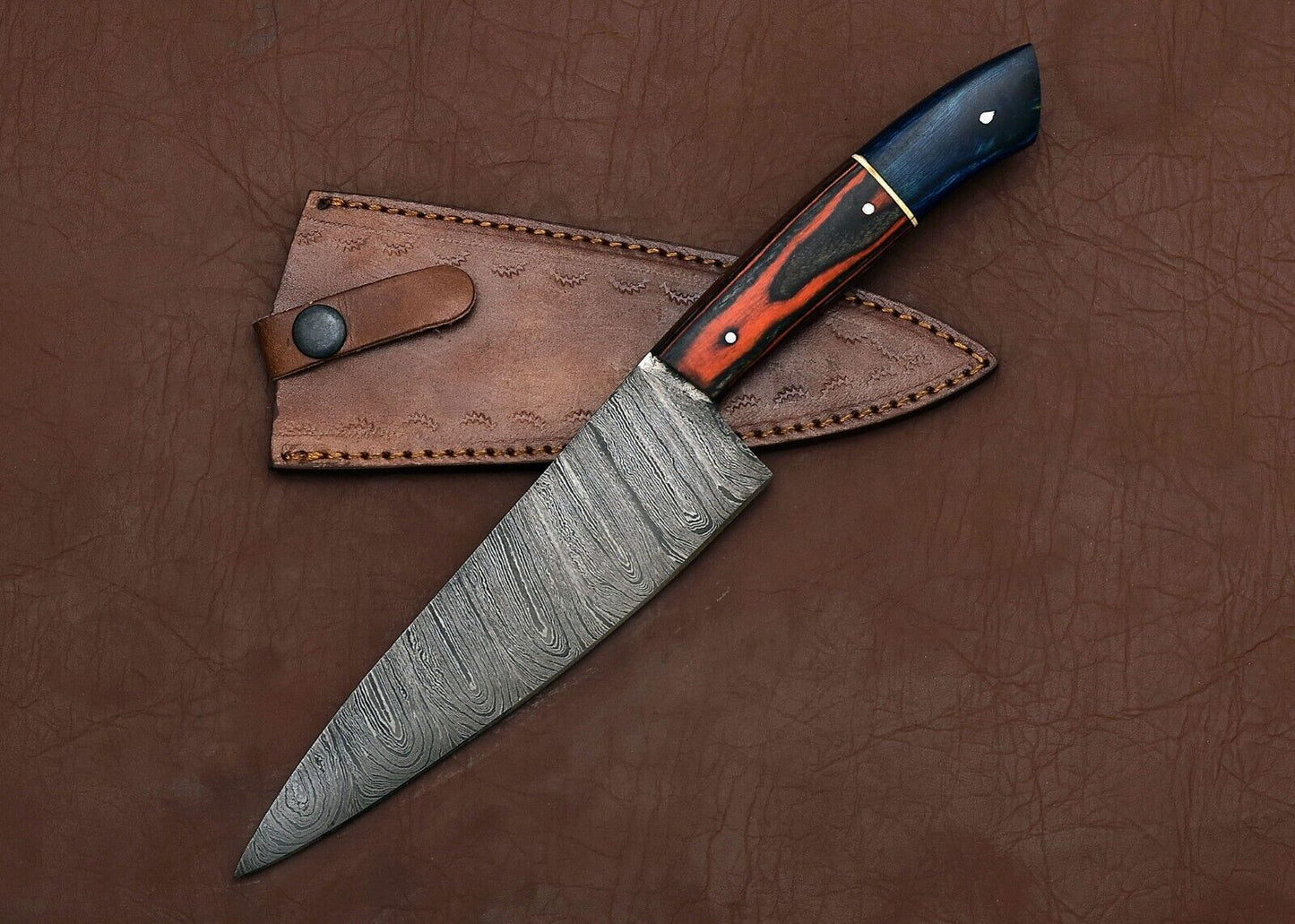 Full Tang Damascus Steel Kitchen Chef Fillet Knife with Pakka Wood Handle & Leather Sheath