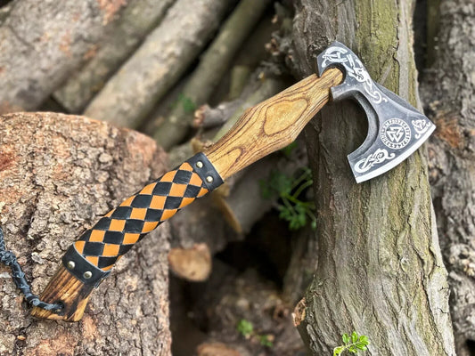 Hand Forged Viking Axe with Etched Head and Leather Cover for Camping and Outdoor Use