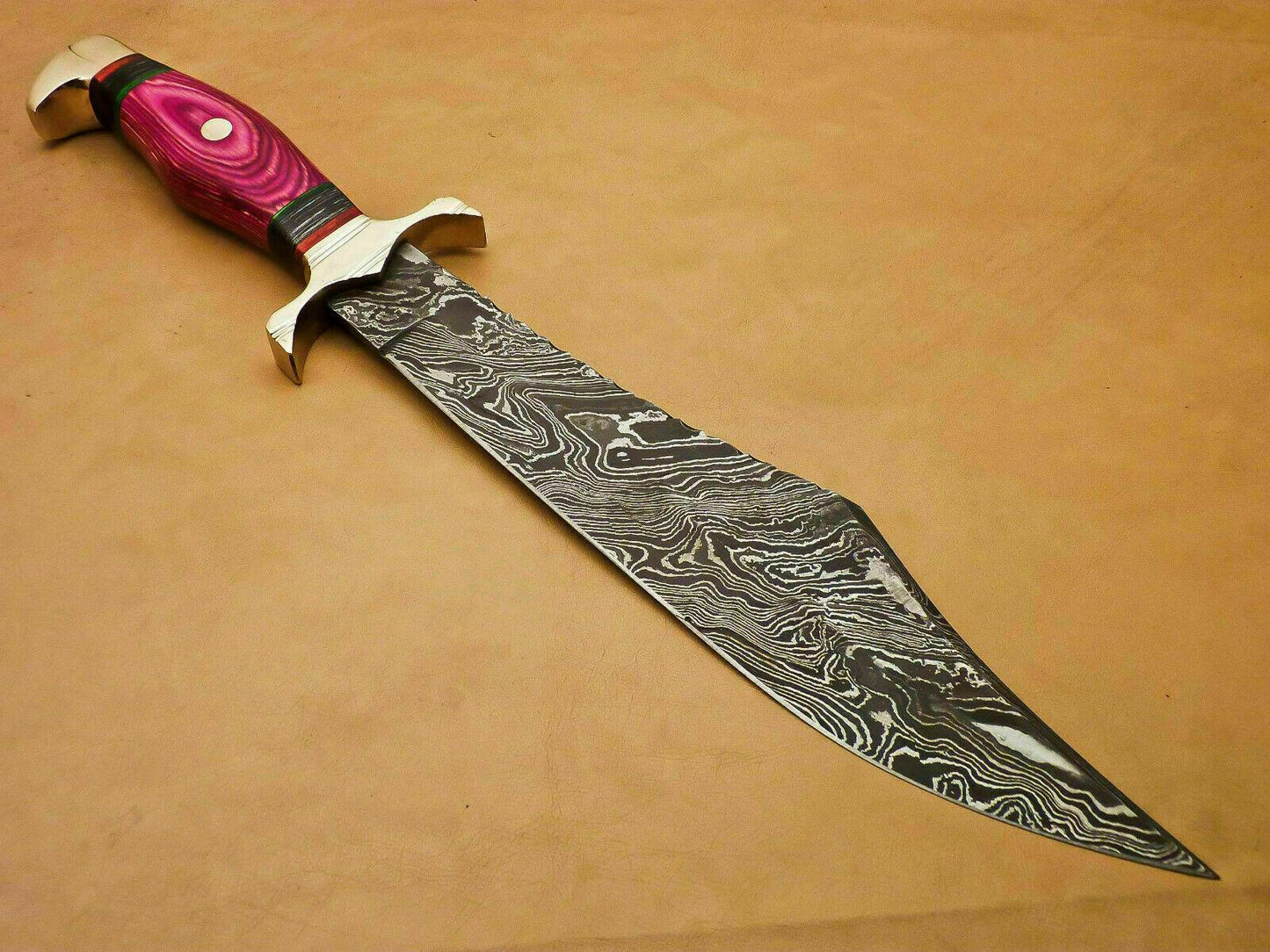 Handmade Damascus Steel Bowie Hunting Knife with Hardwood Handle and Leather Sheath