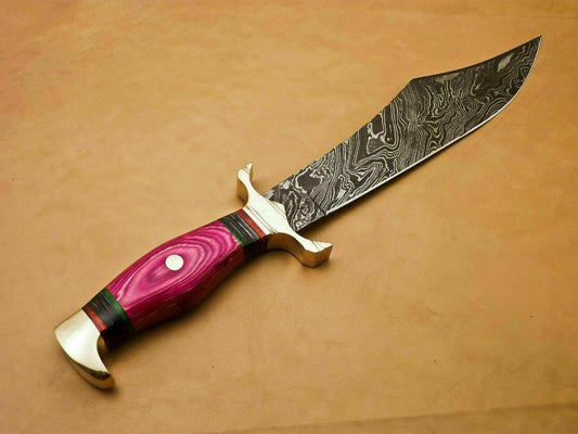 Handmade Damascus Steel Bowie Hunting Knife with Hardwood Handle and Leather Sheath