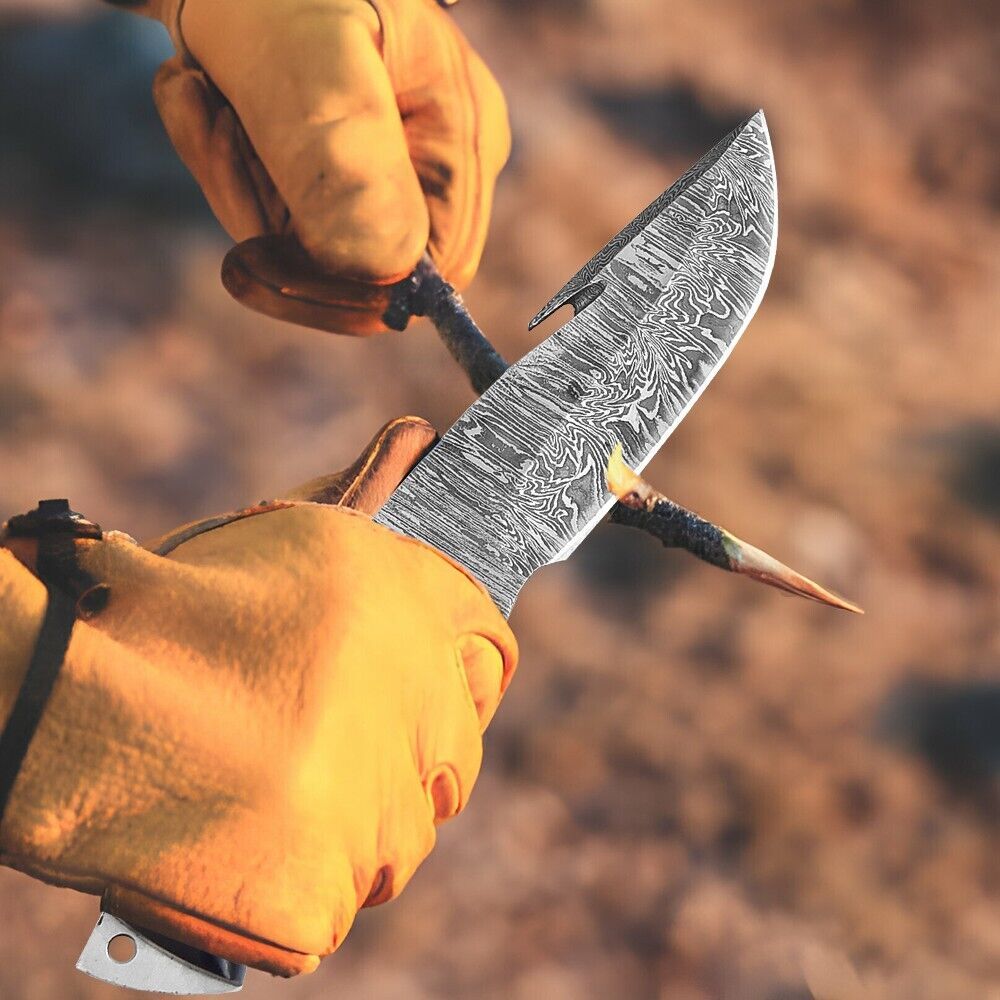 Heritage Forge 8.3 Inch Damascus Tactical Bowie Knife with Micarta Handle and Leather Sheath for Hunting and Camping