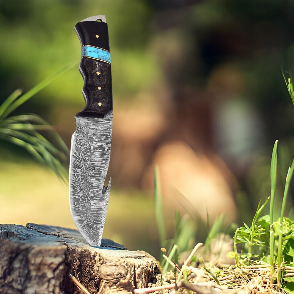Heritage Forge 8.3 Inch Damascus Tactical Bowie Knife with Micarta Handle and Leather Sheath for Hunting and Camping