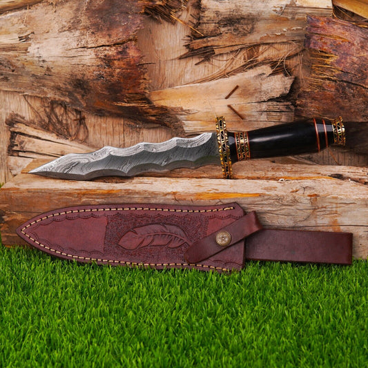 Heritage Forge Full Tang Damascus Steel Classic Bowie Knife with Resin Handle – Handmade Hunting Knife with Leather Sheath