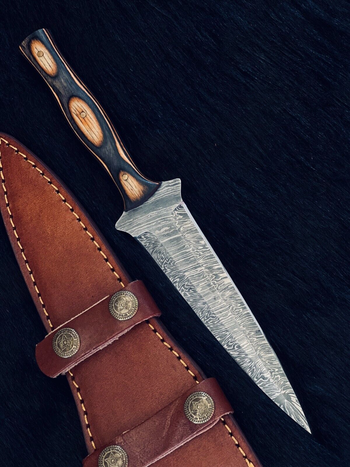 Heritage Forge Custom Fire Damascus Hunting Dagger with Wood Handle