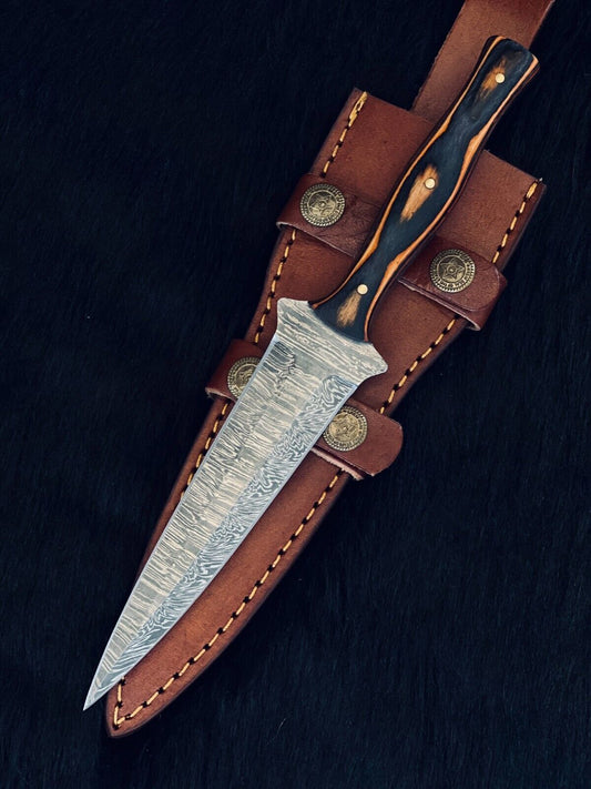 Heritage Forge Custom Fire Damascus Hunting Dagger with Wood Handle