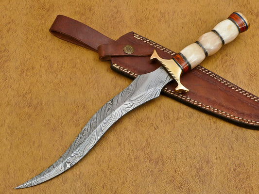 13" Damascus Bowie Knife – Camel Bone & Pakka Wood Handle with Brass Guard