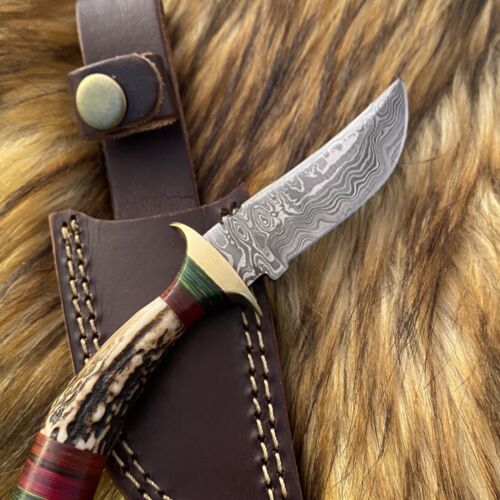 Heritage Forge Damascus Steel Hunting Bowie Knife with Antler Handle and Leather Sheath