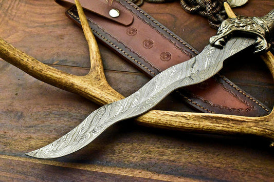 18" Handmade Damascus Steel Bowie Knife with Pewter Handle & Leather Sheath