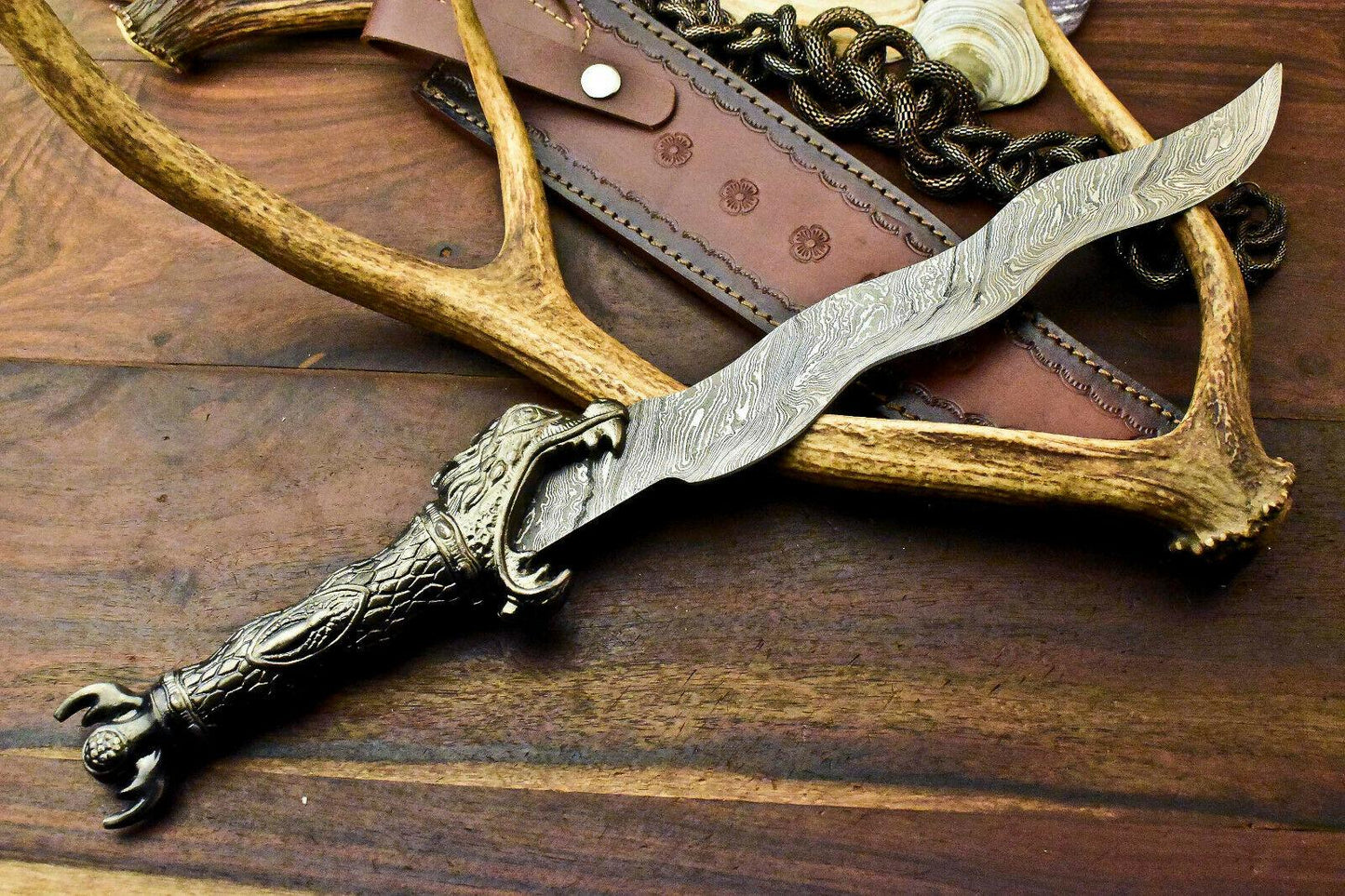 18" Handmade Damascus Steel Bowie Knife with Pewter Handle & Leather Sheath