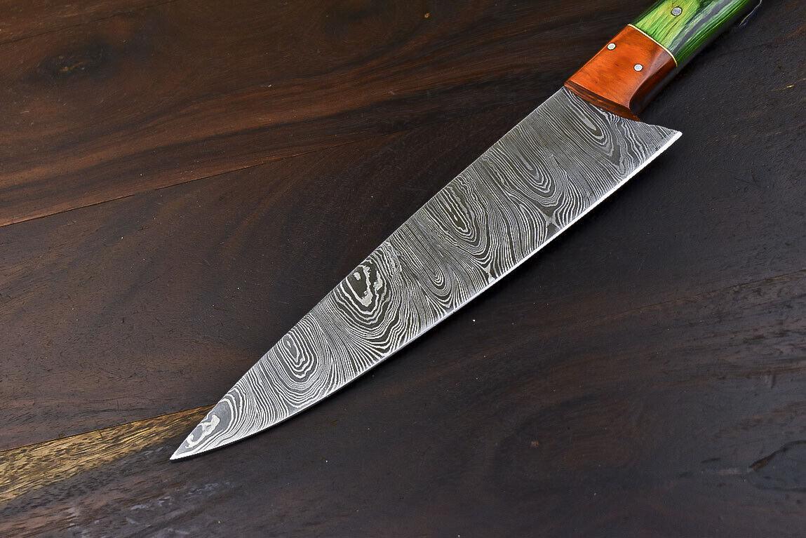 Hand Forged Damascus Steel Chef Knife | Hard Wood Handle & Wooden Bolster | 12.5" Full Tang Hunting & Camping Knife