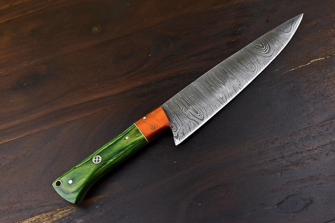 Hand Forged Damascus Steel Chef Knife | Hard Wood Handle & Wooden Bolster | 12.5" Full Tang Hunting & Camping Knife