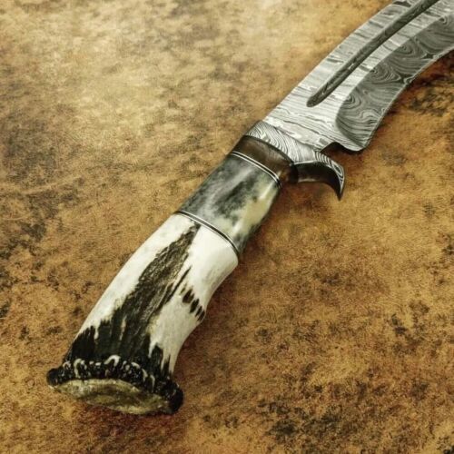 15 Inch Handmade Damascus Bowie Knife with Crown Stag and Bone Handle