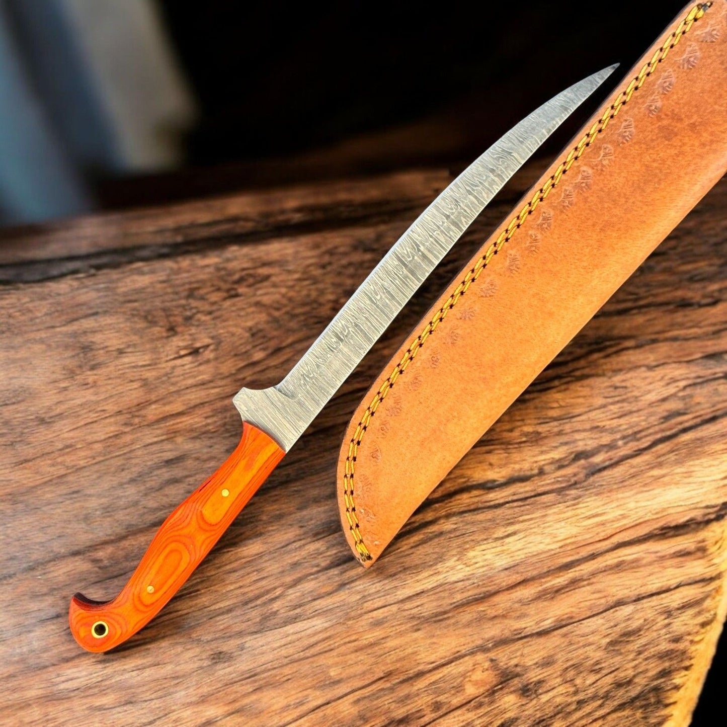 12” Handmade Kitchen Blade Custom Damascus Fillet Knife With Wood handle & Sheath